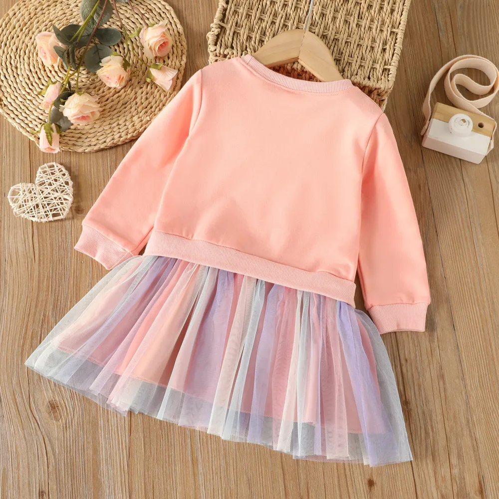 Toddler Girl Sweet Faux-two Unicorn Print Mesh Splice Fairy Dress big image 2
