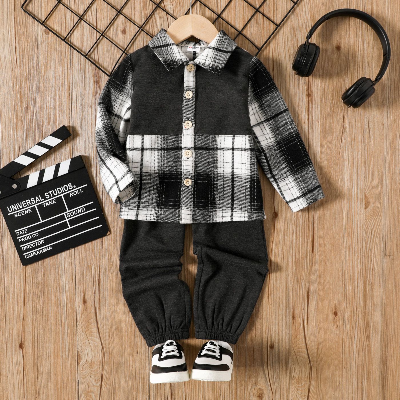 

2pcs Toddler Boy Plaid Lapel Collar Long-sleeve Shirt and Elasticized Pants Set