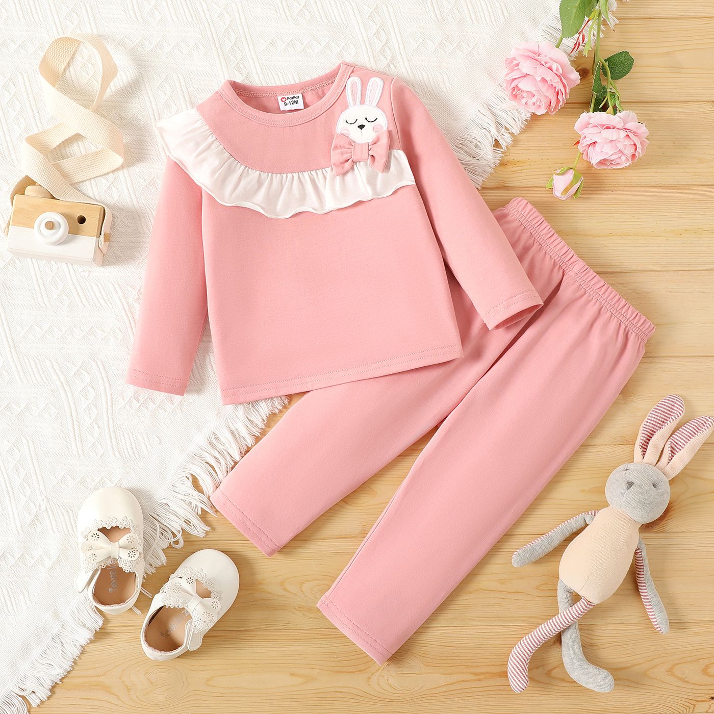 

2pcs Baby Girl Rabbit Embroidered Ruffle Trim Pink Long-sleeve Set