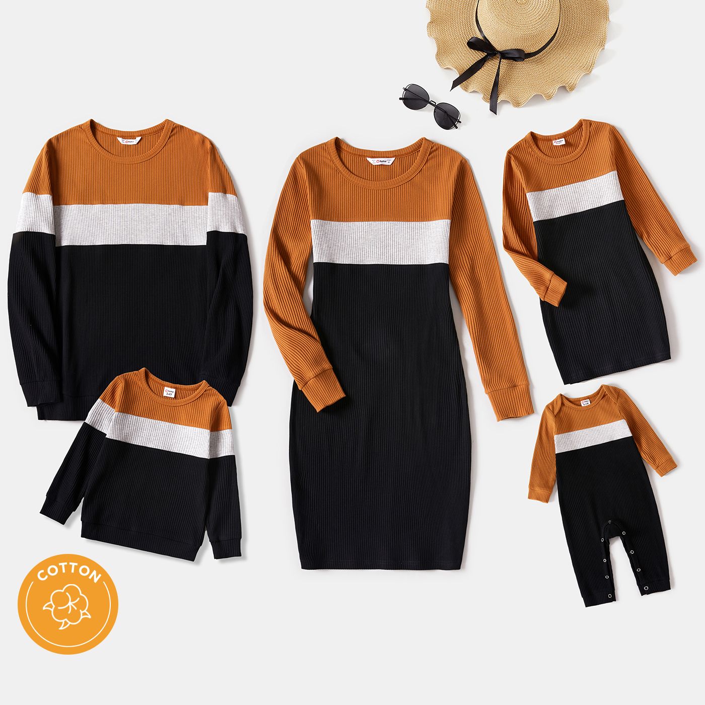 

Family Matching Colorblock Rib Knit Long-sleeve Bodycon Dresses and Tops Sets