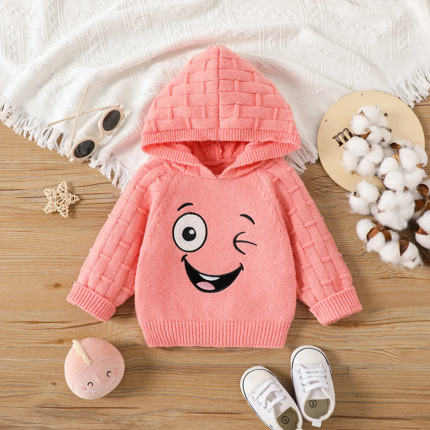 

Baby Girl Graphic Embroidered Pink Knitted Hooded Long-sleeve Pullover