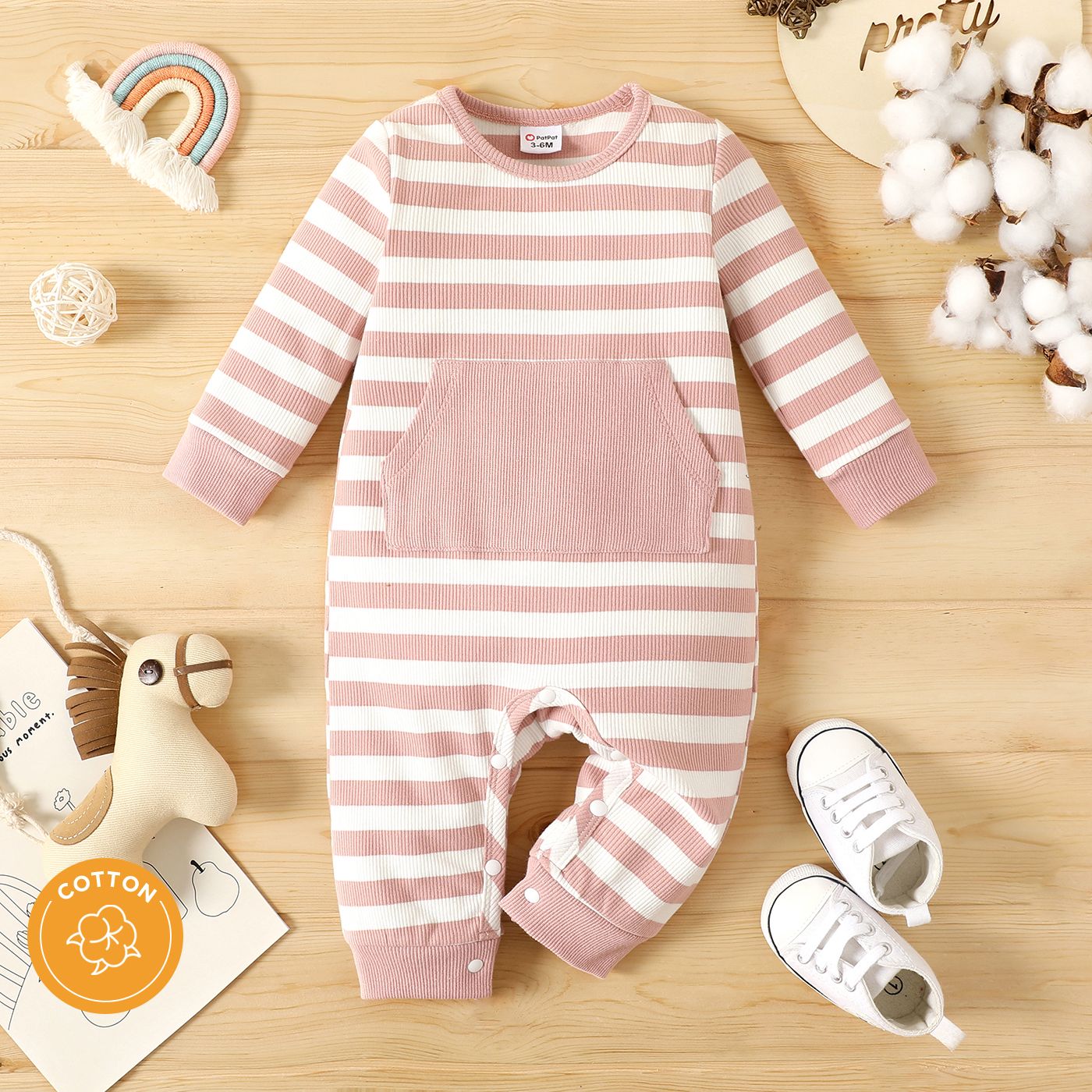 

Baby Boy/Girl 95% Cotton Ribbed Striped Long-sleeve Jumpsuit with Pocket