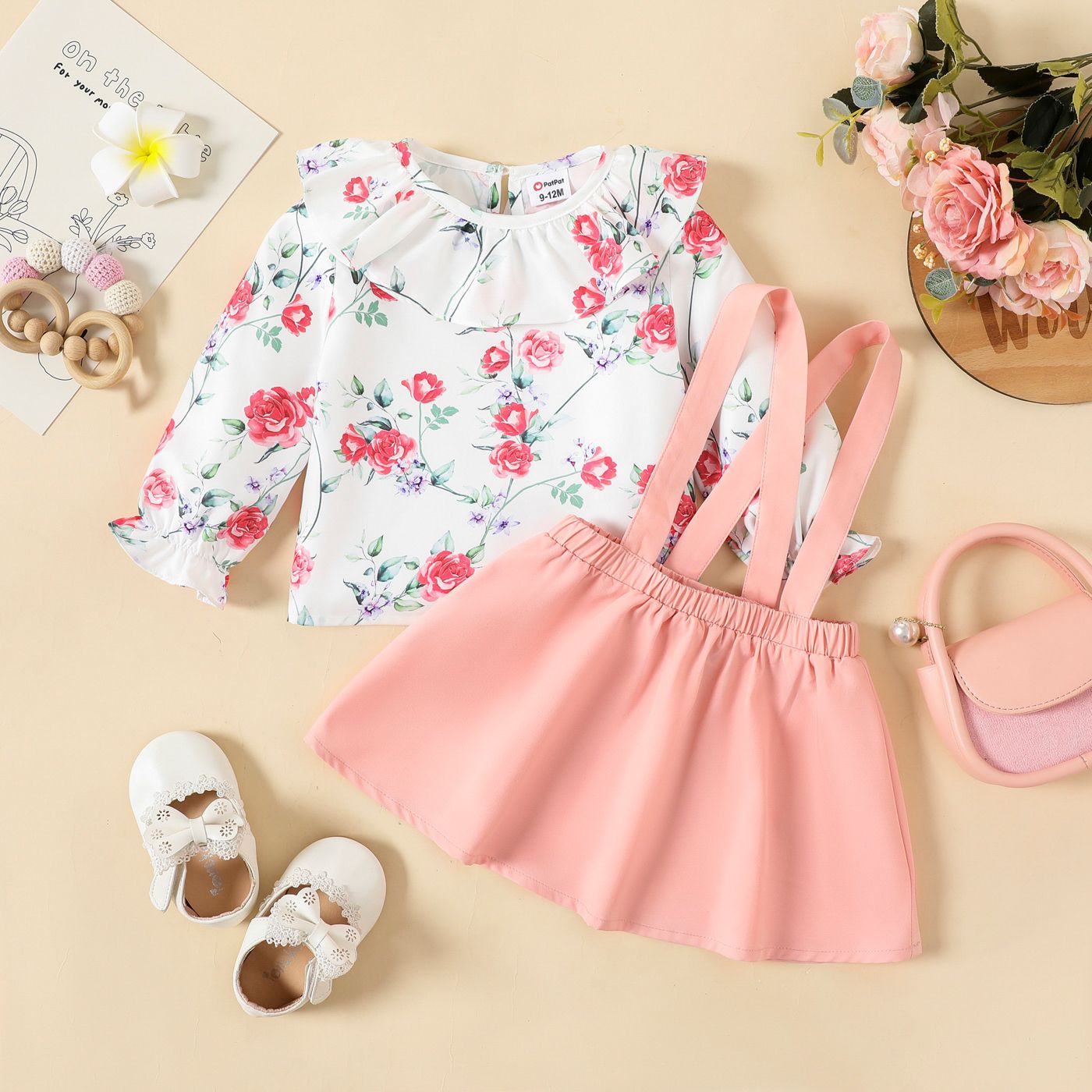 

2pcs Baby Girl Allover Pink Floral Print Ruffle Long-sleeve Top and Suspender Skirt Set