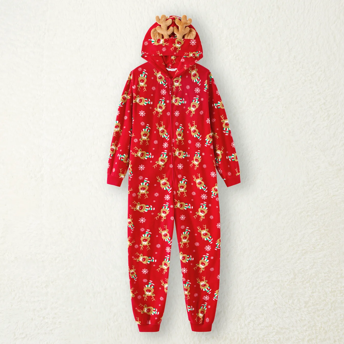 

Christmas Family Matching Allover Deer Print 3D Antler Hooded Long-sleeve Red Thickened Polar Fleece Onesies Pajamas (Flame Resistant)
