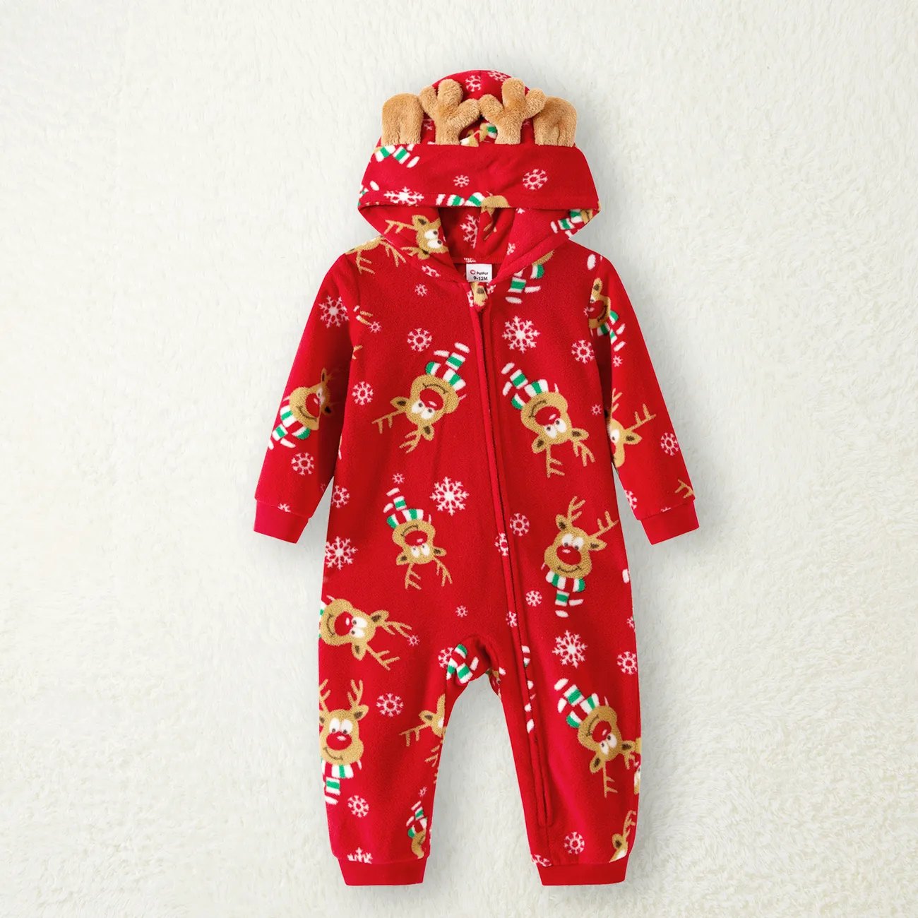 Christmas Family Matching Allover Deer Print 3D Antler Hooded Long-sleeve Red Thickened Polar Fleece Onesies Pajamas (Flame Resistant)  big image 1