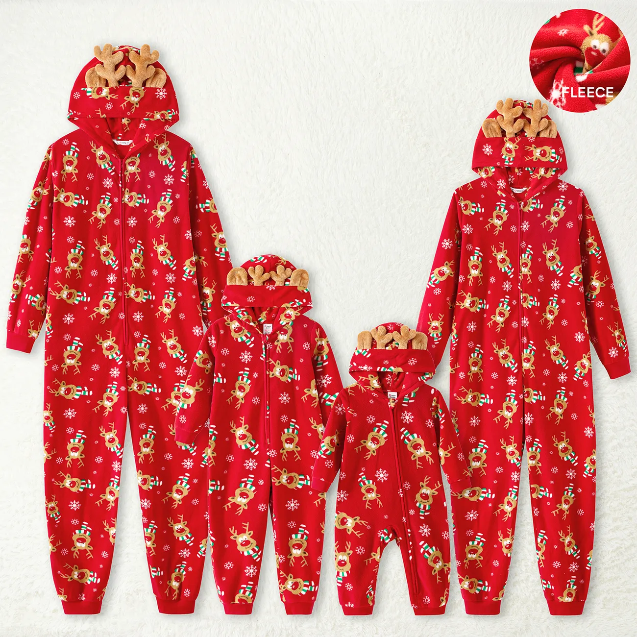 Christmas Family Matching Allover Deer Print 3D Antler Hooded Long-sleeve Red Thickened Polar Fleece Onesies Pajamas (Flame Resistant) Red-2 big image 1