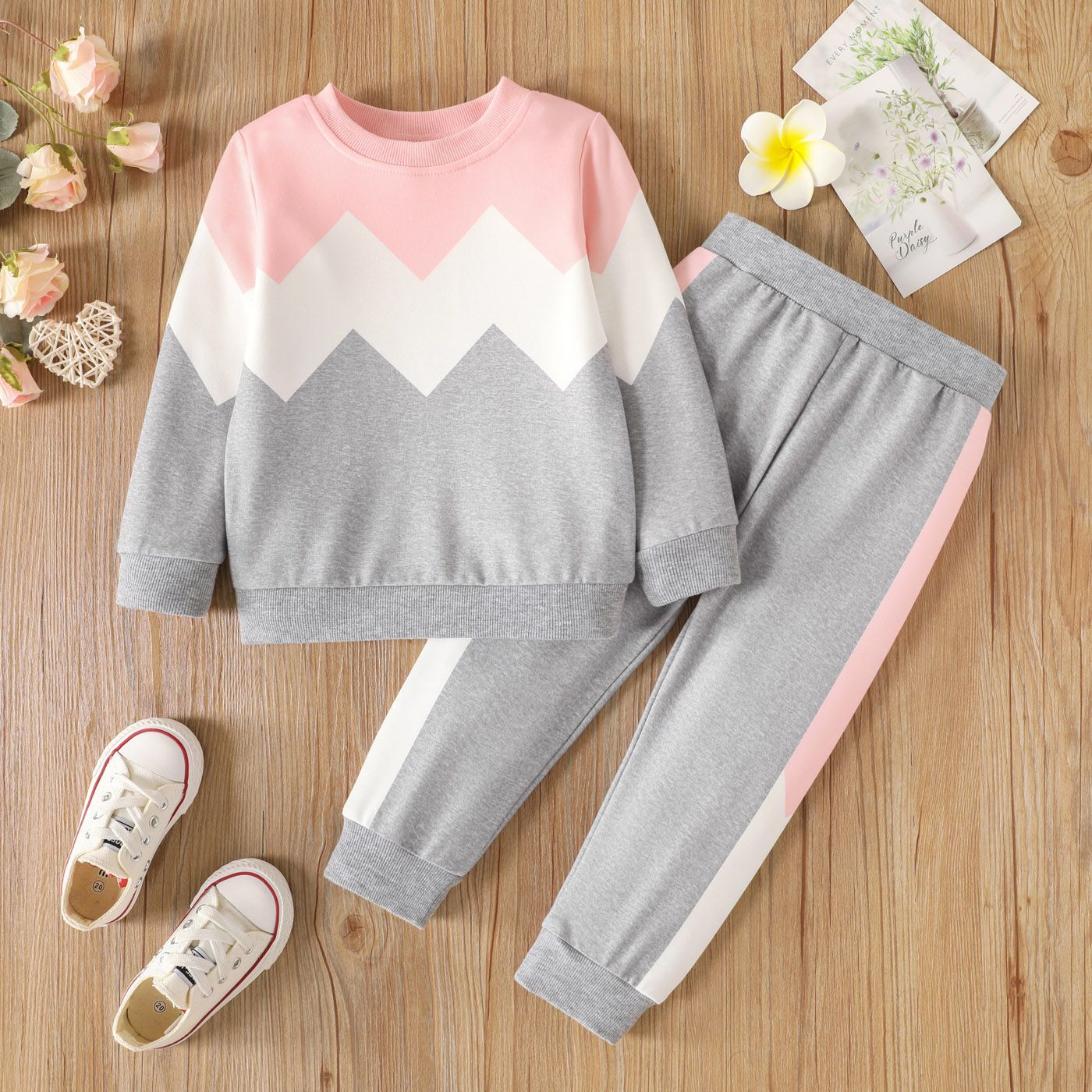 2pcs Toddler Girl Trendy Colorblock Sweatshirt And Elasticized Pants Set