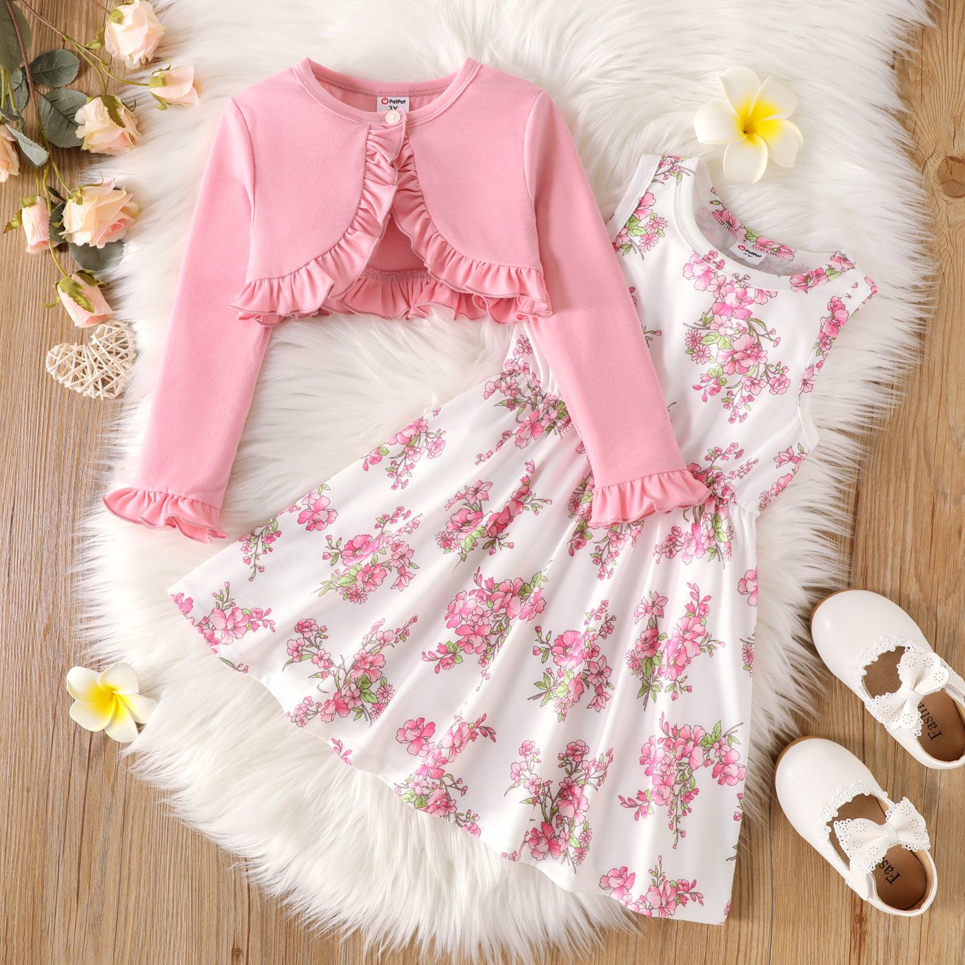 

2pcs Toddler Girl Floral Print Sleeveless Dress and Ruffled Cardigan Set