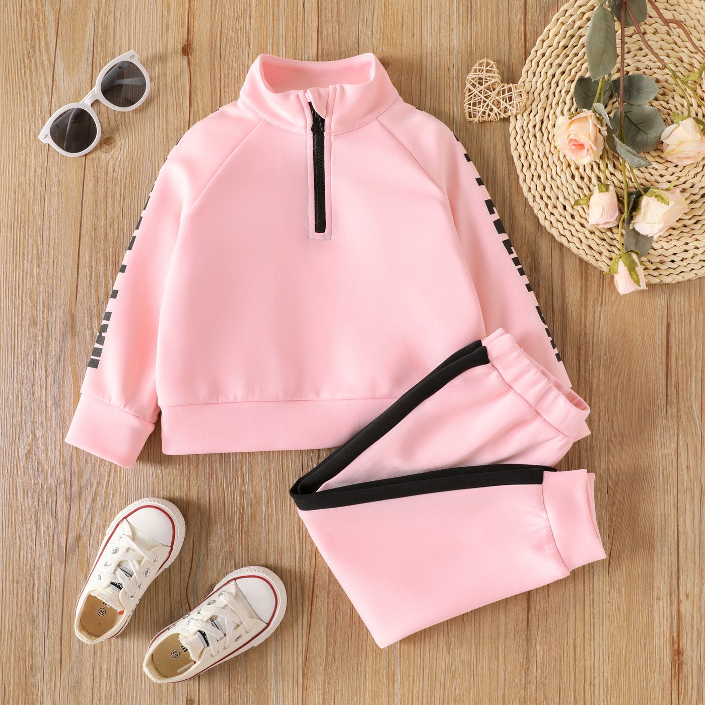

2pcs Toddler Girl Letter Print Zipper Design Sweatshirt and Colorblock Pants