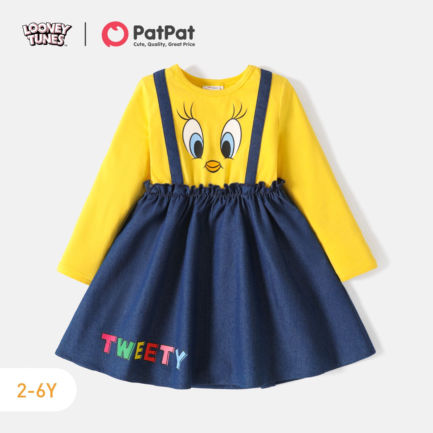 

Looney Tunes Toddlre Girl Faux-two Denim Splice Long-sleeve Cotton Dress