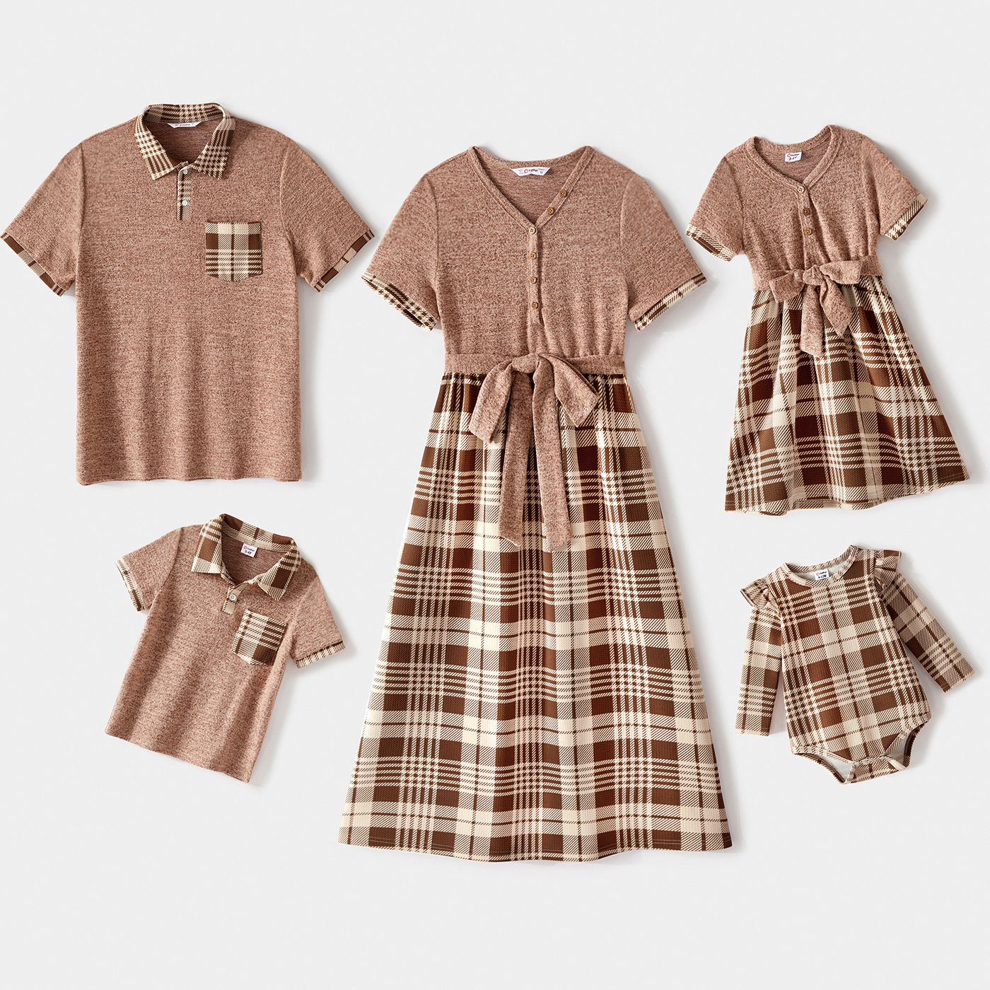 

Family Matching Knitted Spliced Plaid Dresses and Short-sleeve Button Front Polo Shirts Sets