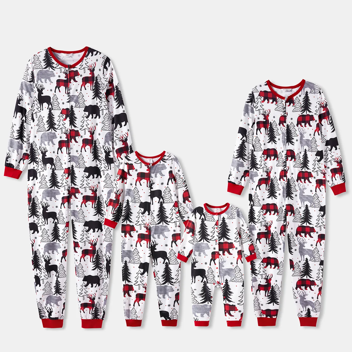 Christmas Family Matching Allover Print Long-sleeve Zipper Onesies Pajamas (Flame Resistant) REDWHITE image 5
