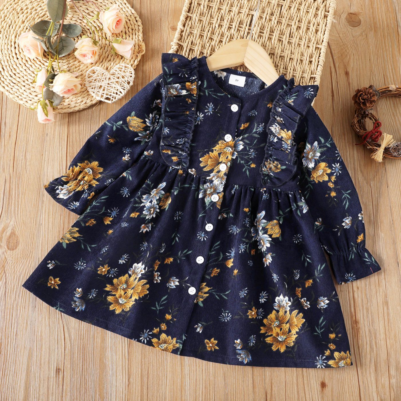 

Toddler Girl Sweet Floral Print Ruffled Corduroy Dress