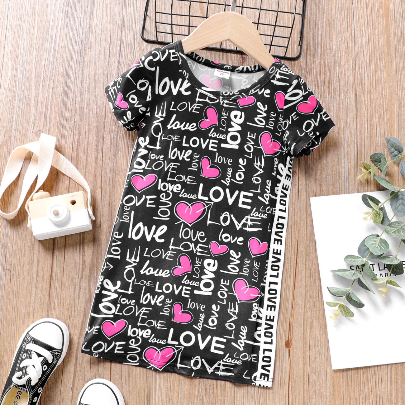 Toddler Girl Letter Heart Print Short-sleeve Dress Black big image 1