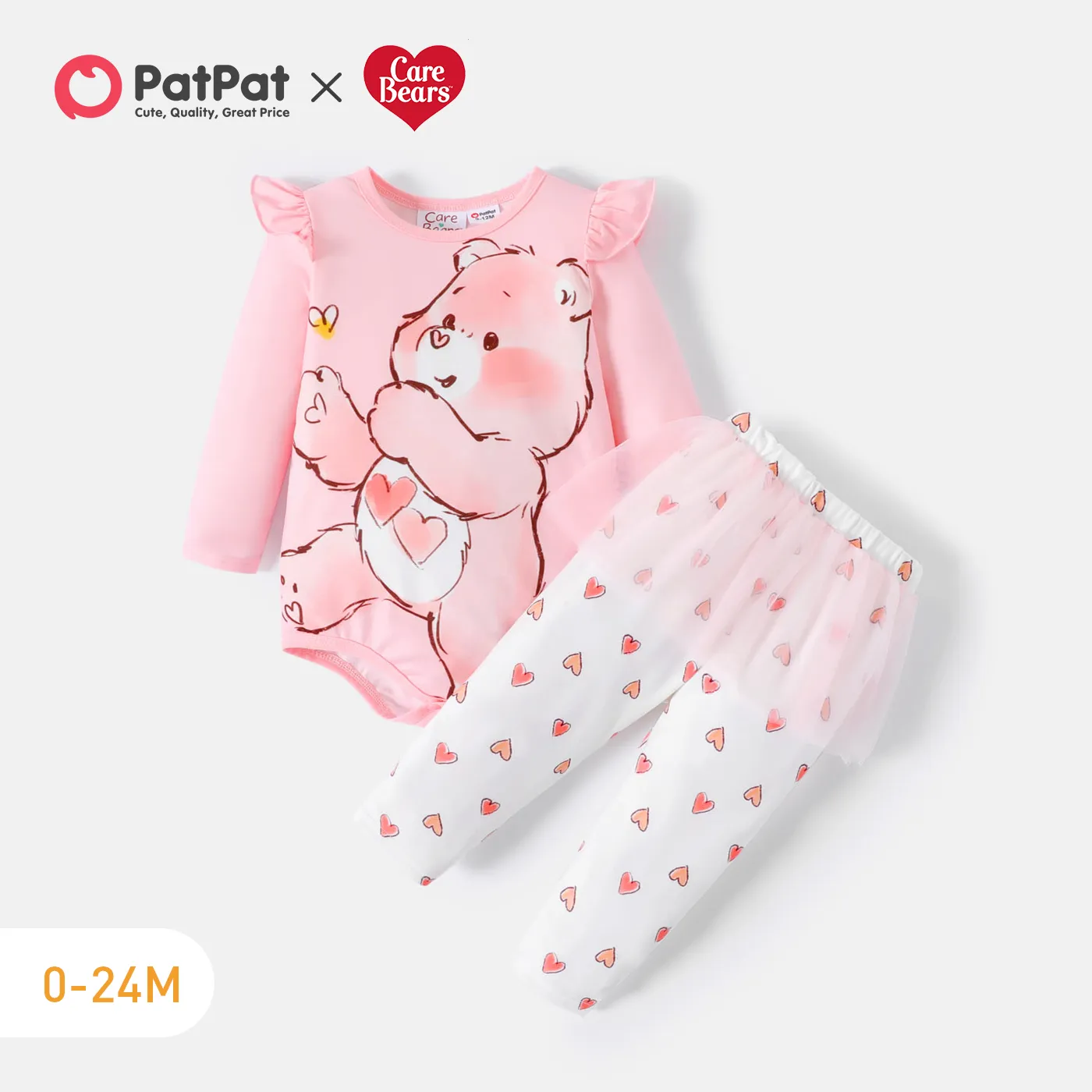 

Care Bears 2pcs Baby Girl Bear Graphic Pink Ruffle Long-sleeve Romper and Allover Heart Print Mesh Pants Set