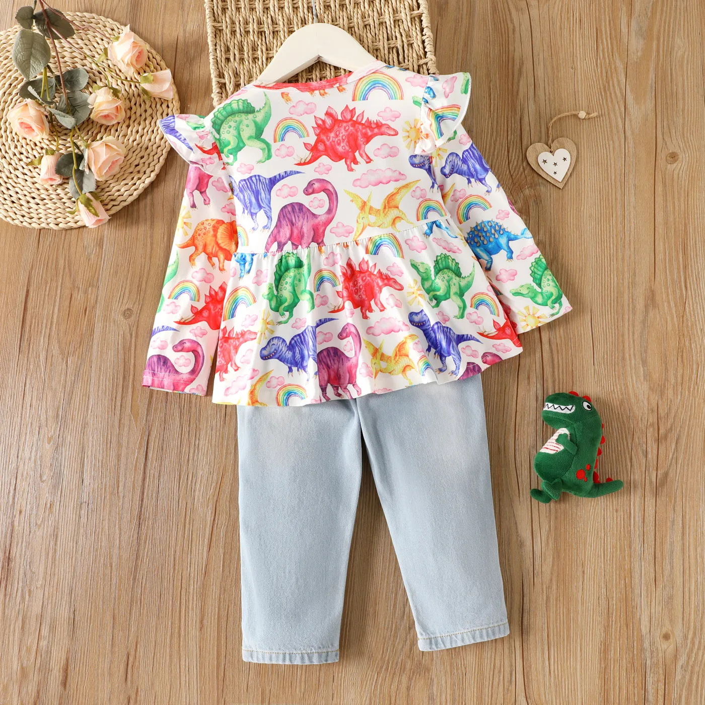 2pcs Toddler Girl Playful Patchwork Ripped Denim Jeans and Dinosaur Print Tee set  image 2