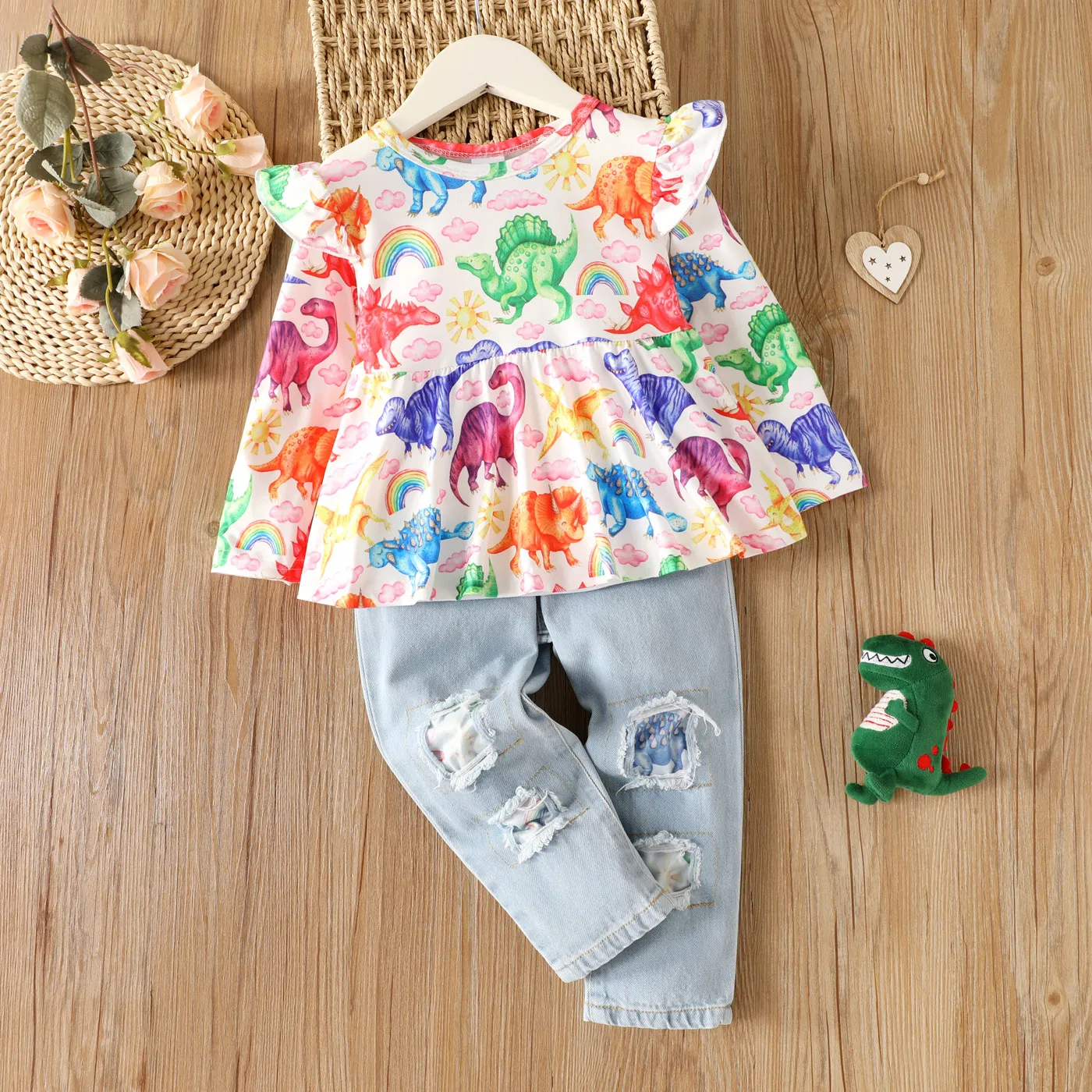 2pcs Toddler Girl Playful Patchwork Ripped Denim Jeans and Dinosaur Print Tee set  big image 1
