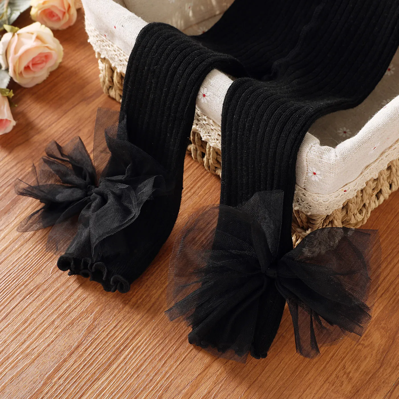 Toddler Girl Sweet Mesh Bowknot Design Solid Color Leggings Black
