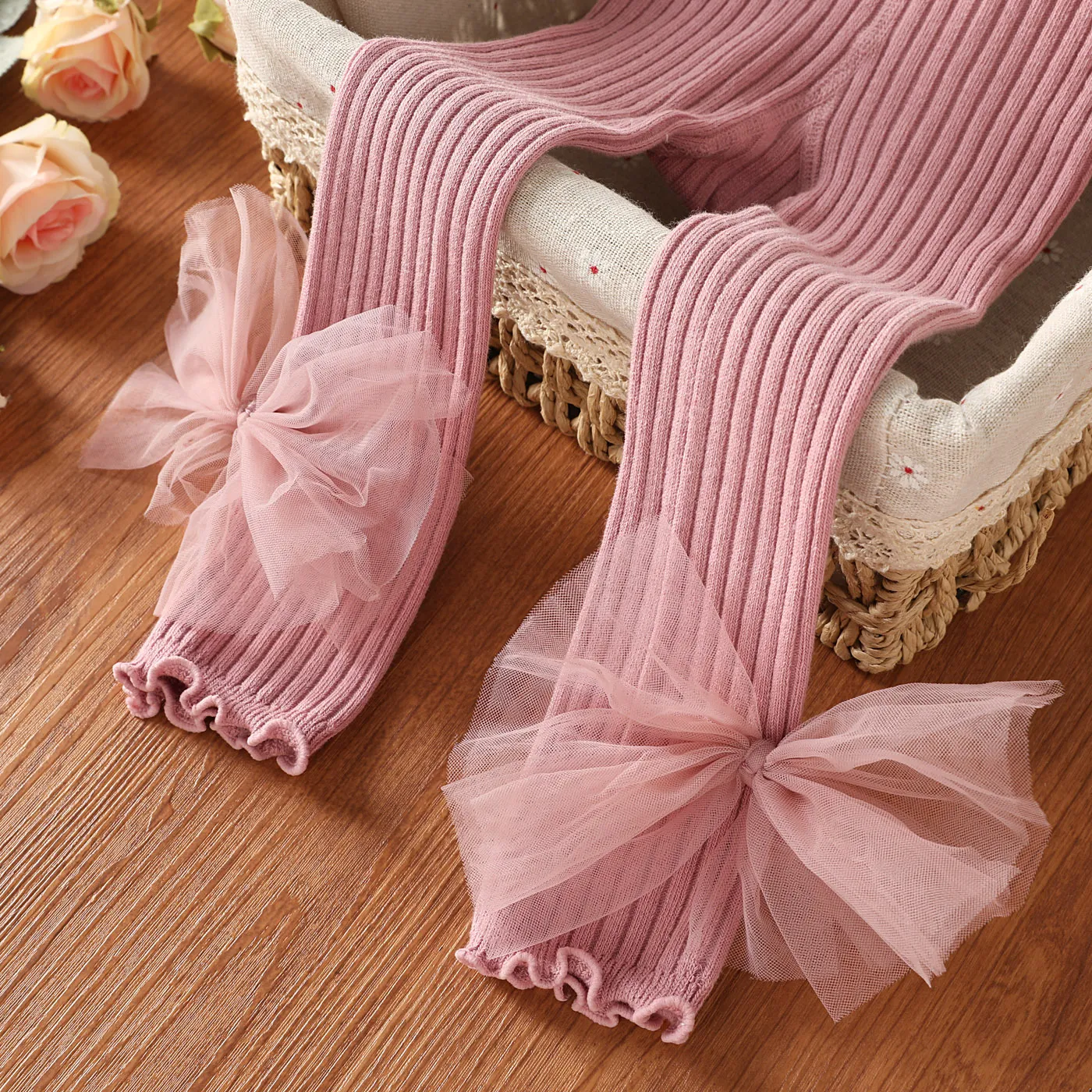Toddler Girl Sweet Mesh Bowknot Design Solid Color Leggings  big image 1