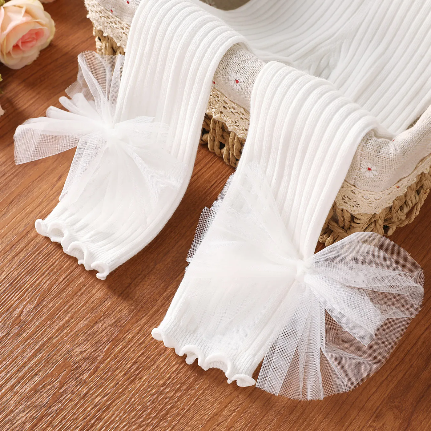 Toddler Girl Sweet Mesh Bowknot Design Solid Color Leggings White