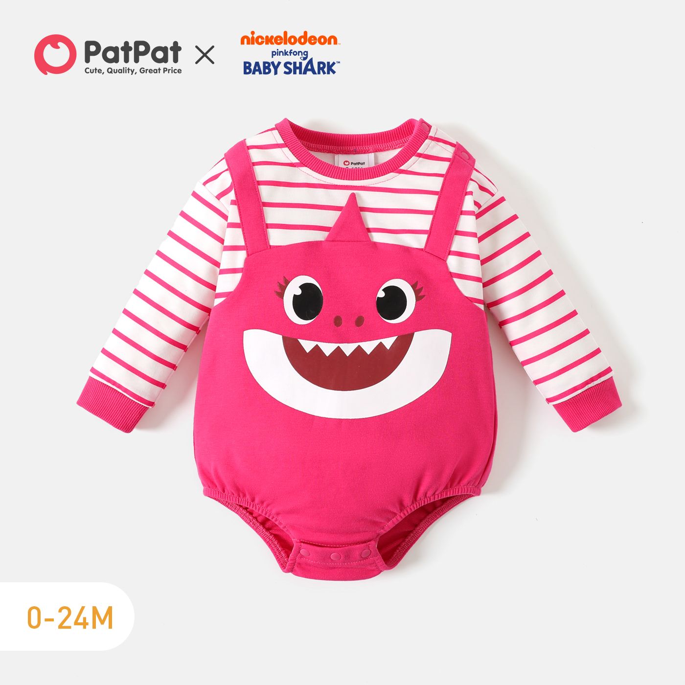

Baby Shark Baby Girl Cartoon Shark Print Spliced Striped Long-sleeve Romper