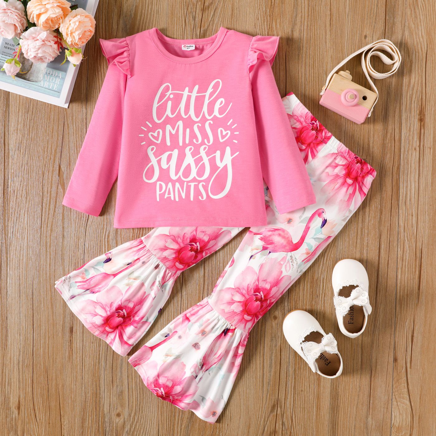 

2pcs Toddler Girl Ruffled Letter Print Long-sleeve Tee and Floral Flamingo Print Flared Pants Set