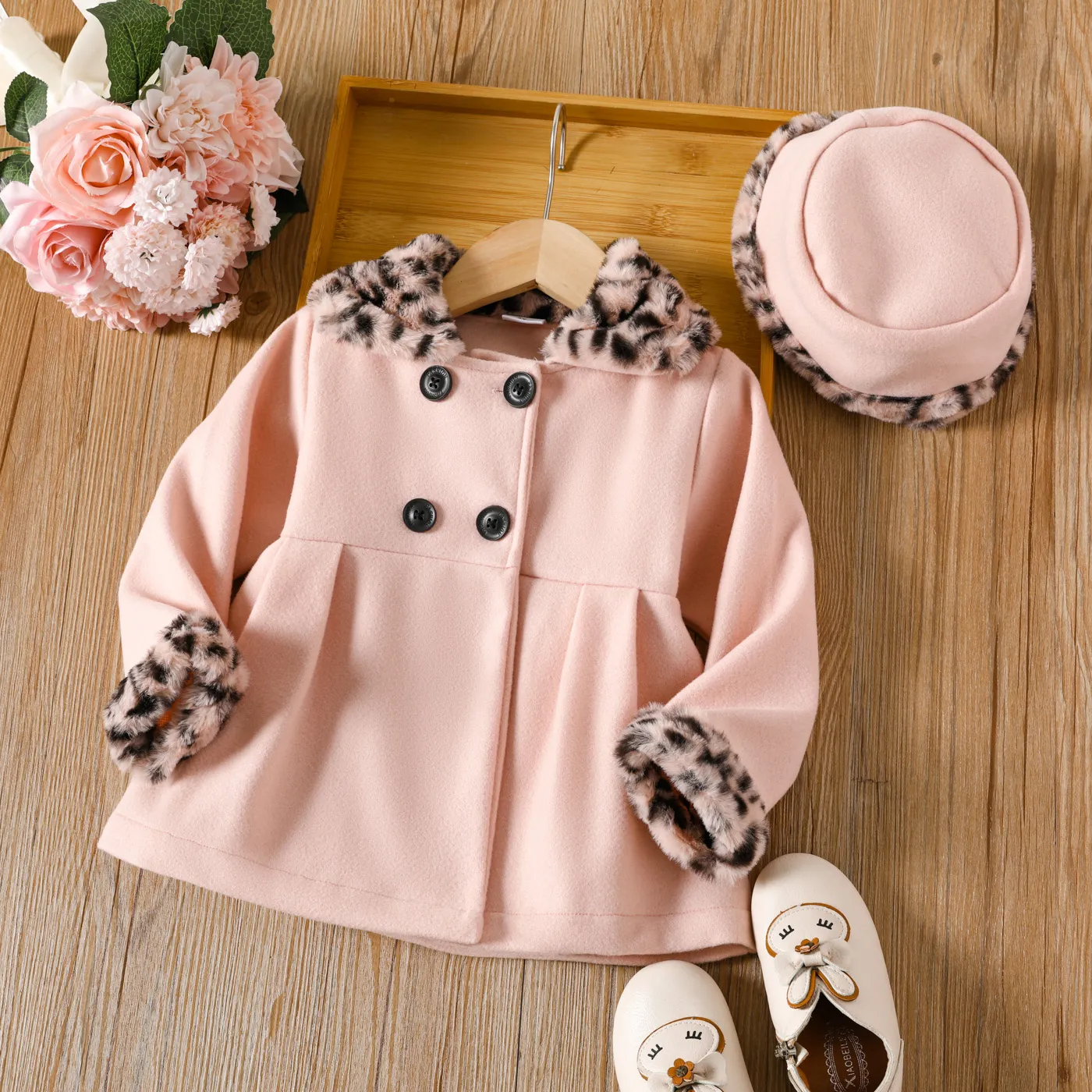 

2pcs Toddler Girl Sweet Lapel Collar Fleece Double Breasted Coat and Bucket Hat