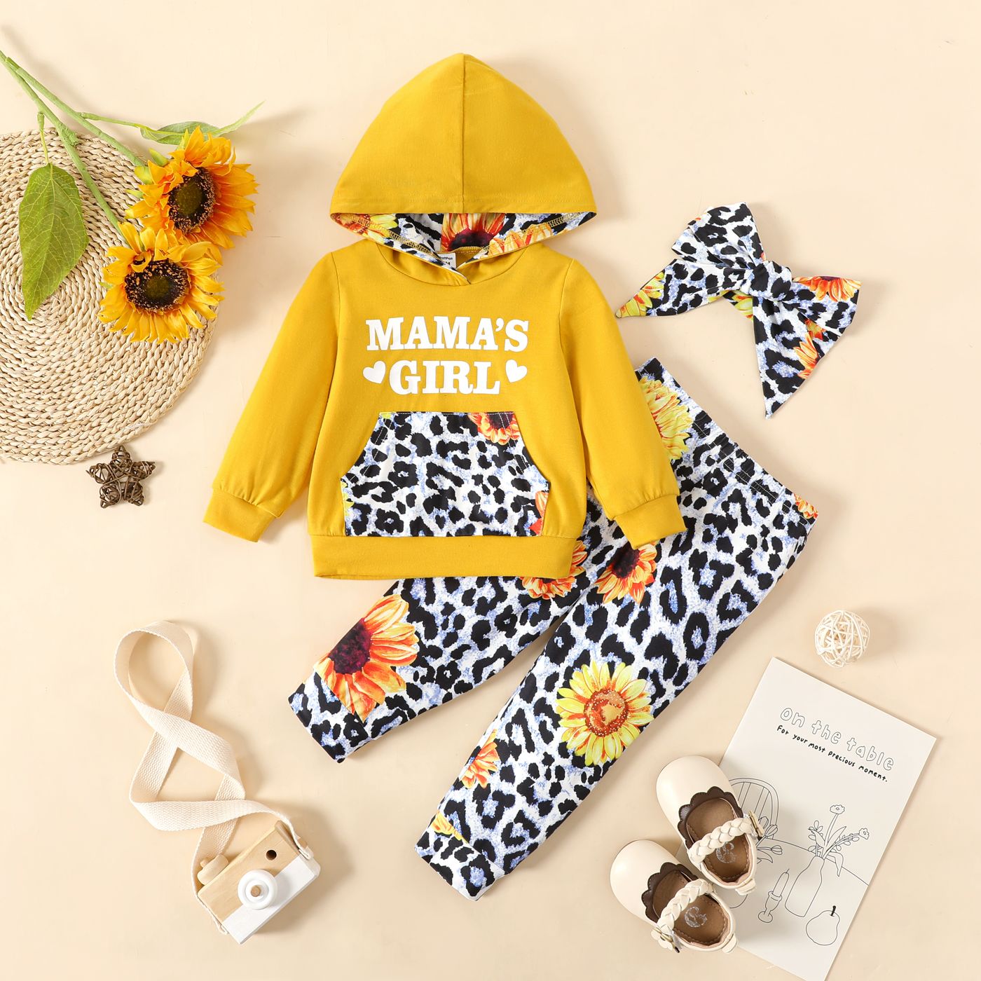 

3pcs Baby Girl Letter Print Long-sleeve Hoodie and Allover Sunflower Leopard Pants with Headband Set