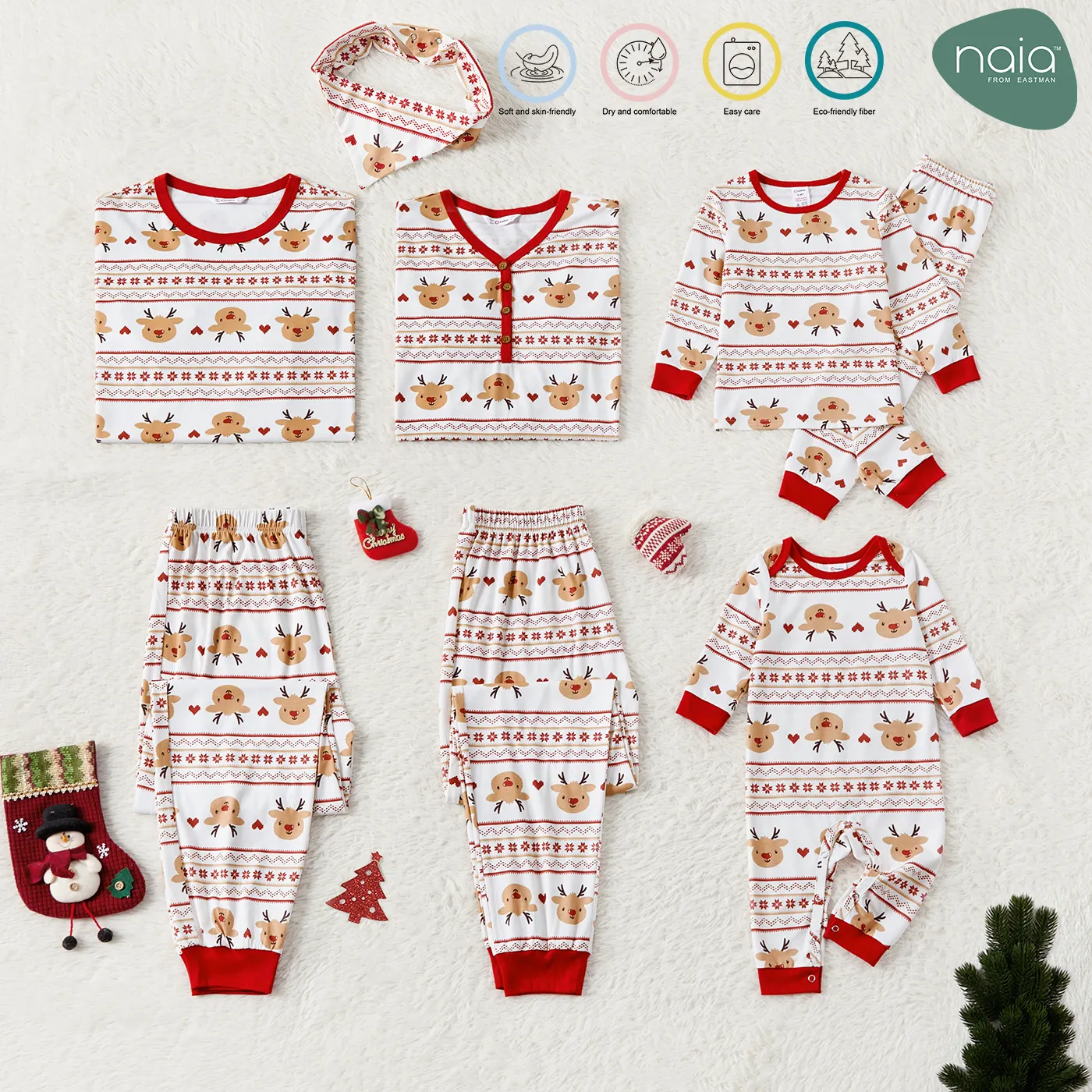 Christmas Family Matching Allover Cartoon Reindeer Print Long-sleeve Naia Pajamas Sets (Flame Resistant)
