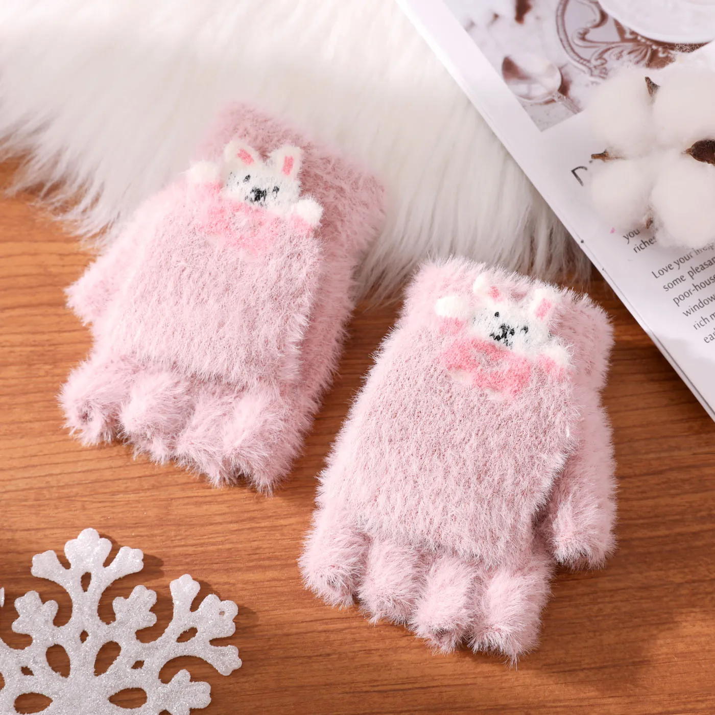 Luvas de lã de pelúcia gráficas para bebês/crianças luvas conversíveis flip luva sem dedos Rosa image 4