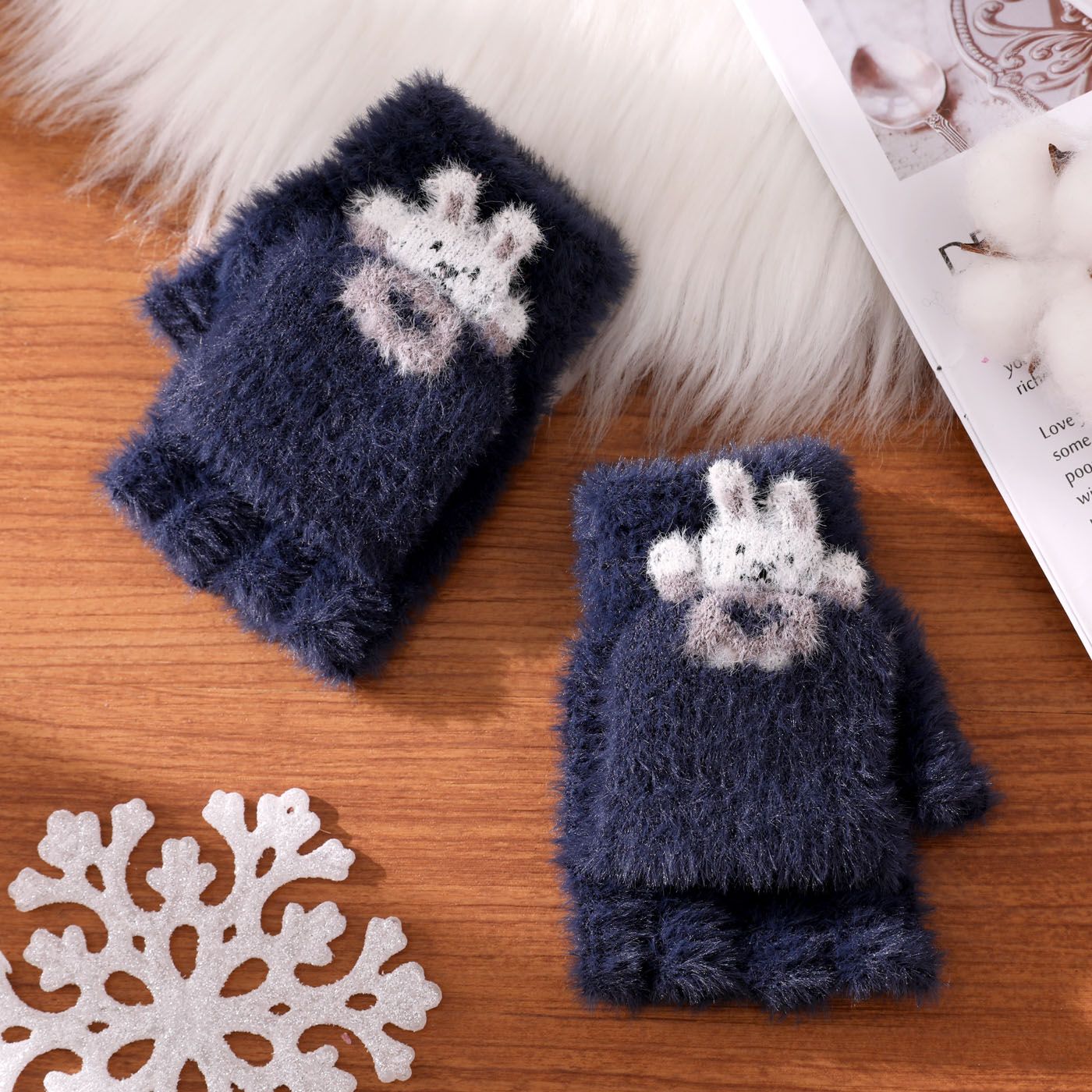 Toddler / Kid Bunny Graphic Plush Fleece Gloves Convertible Mittens Flip Fingerless Mitt
