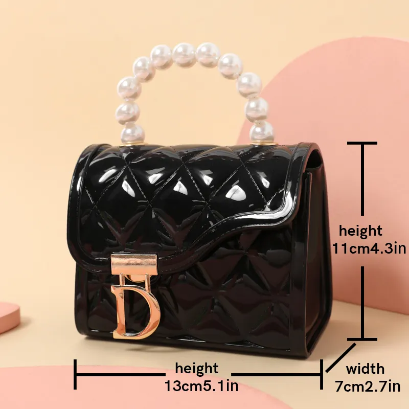 bolso satchel lingge con diseño geométrico y cierre de metal con asa de perlas sintéticas para niños pequeños/niños Negro big image 1