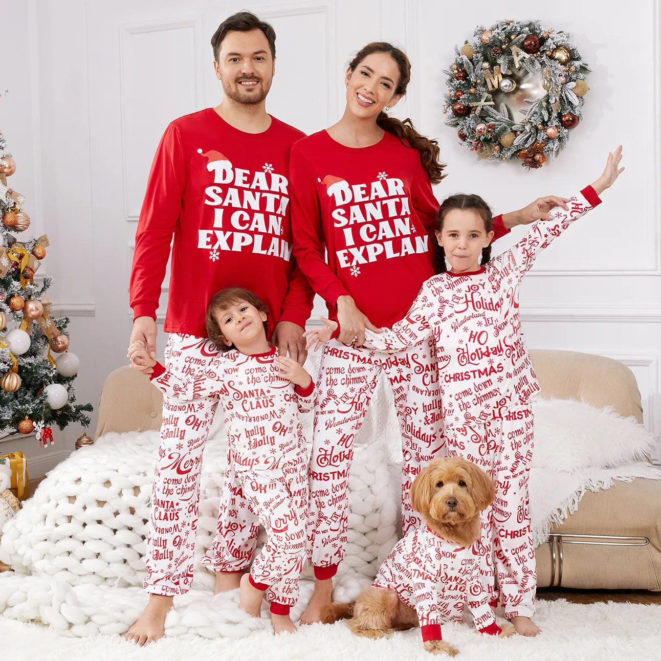 Christmas Family Matching Long-sleeve Letter Print Red Pajamas Sets (Flame Resistant) Red-2 big image 1