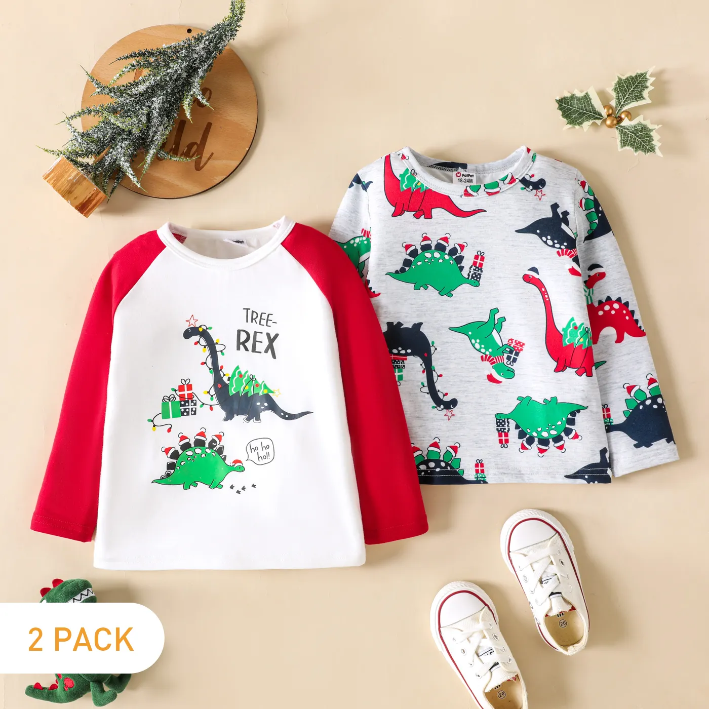 2-Pack Toddler Boy/Girl Christmas Playful Dinosaur Print Long-sleeve Tee