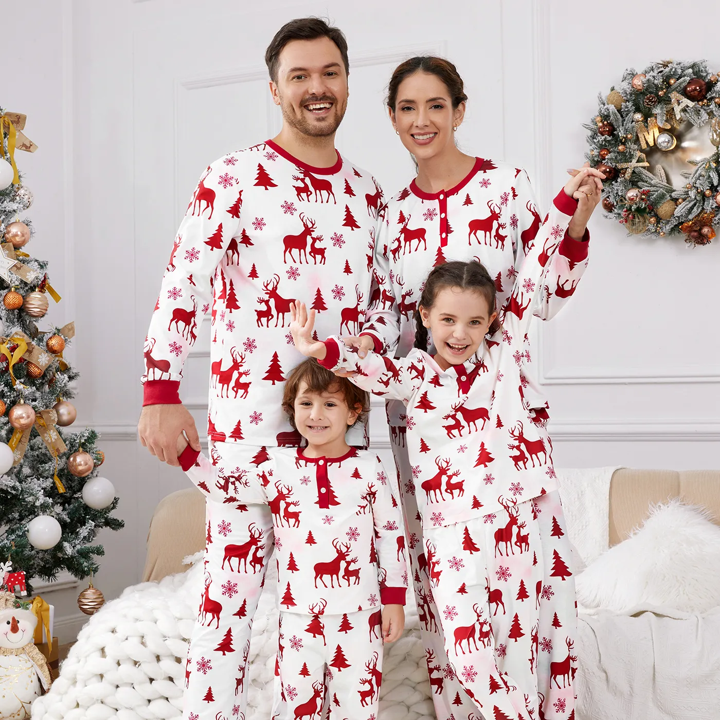 Christmas Family Matching Allover Red Reindeer Print Tie Dye Long-sleeve Pajamas Sets (Flame Resistant) WineRed image 3