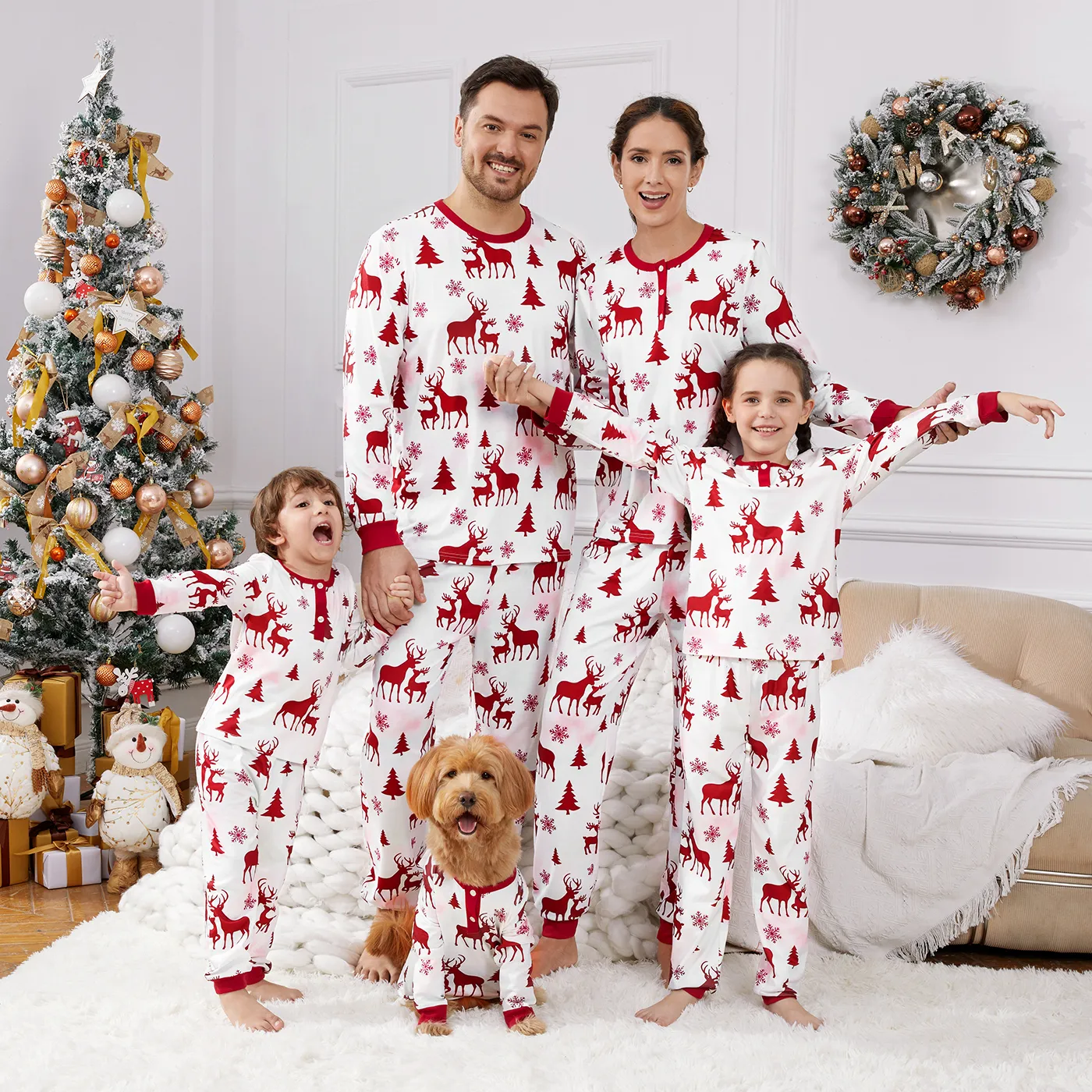 Christmas Family Matching Allover Red Reindeer Print Tie Dye Long-sleeve Pajamas Sets (Flame Resistant) WineRed image 2