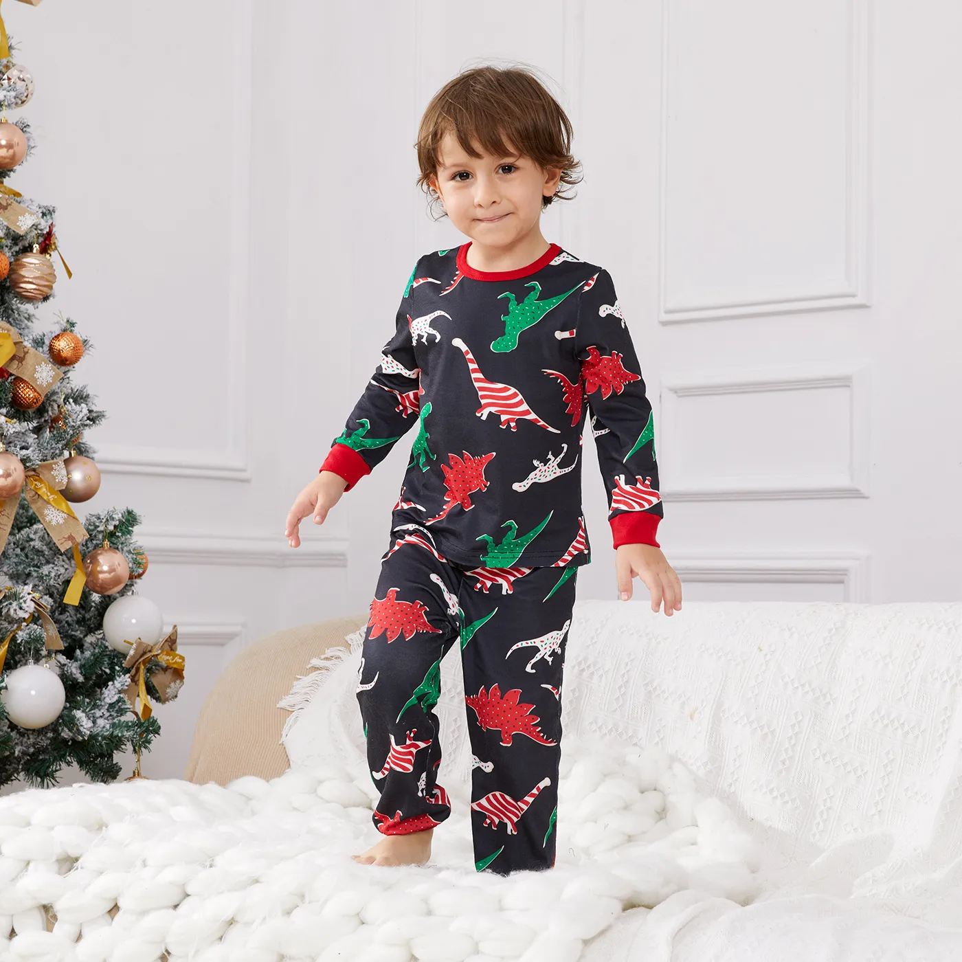 Christmas Family Matching Allover Dinosaur Print Black Long-sleeve Pajamas Sets (Flame Resistant) ColorBlock image 6