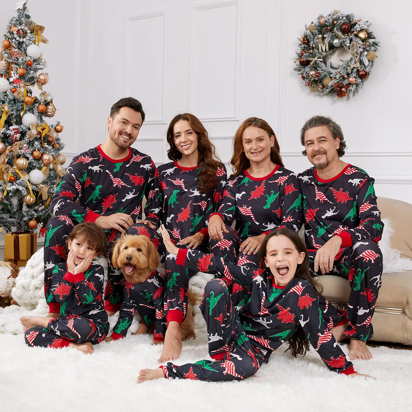 Christmas Family Matching Allover Dinosaur Print Black Long-sleeve Pajamas Sets (Flame Resistant) ColorBlock image 3