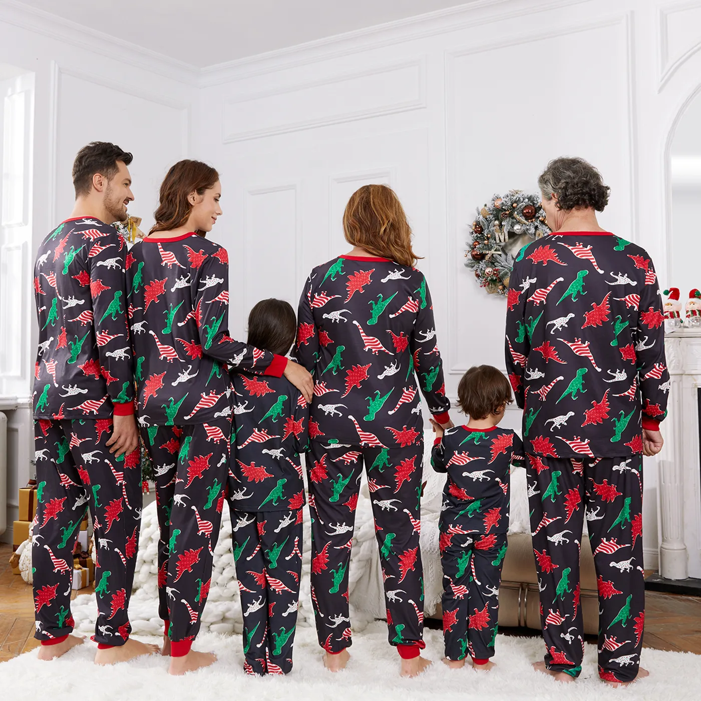 Christmas Family Matching Allover Dinosaur Print Black Long-sleeve Pajamas Sets (Flame Resistant) ColorBlock image 5
