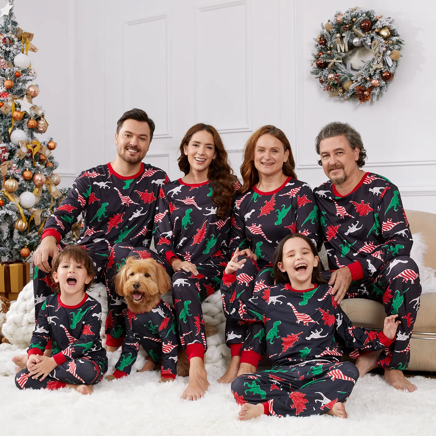 Christmas Family Matching Allover Dinosaur Print Black Long-sleeve Pajamas Sets (Flame Resistant)