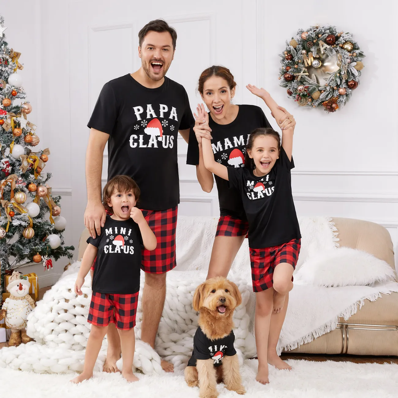 Christmas Hat and Letter Print Black Family Matching Short-sleeve Plaid Pajamas Sets (Flame Resistant) Black big image 1