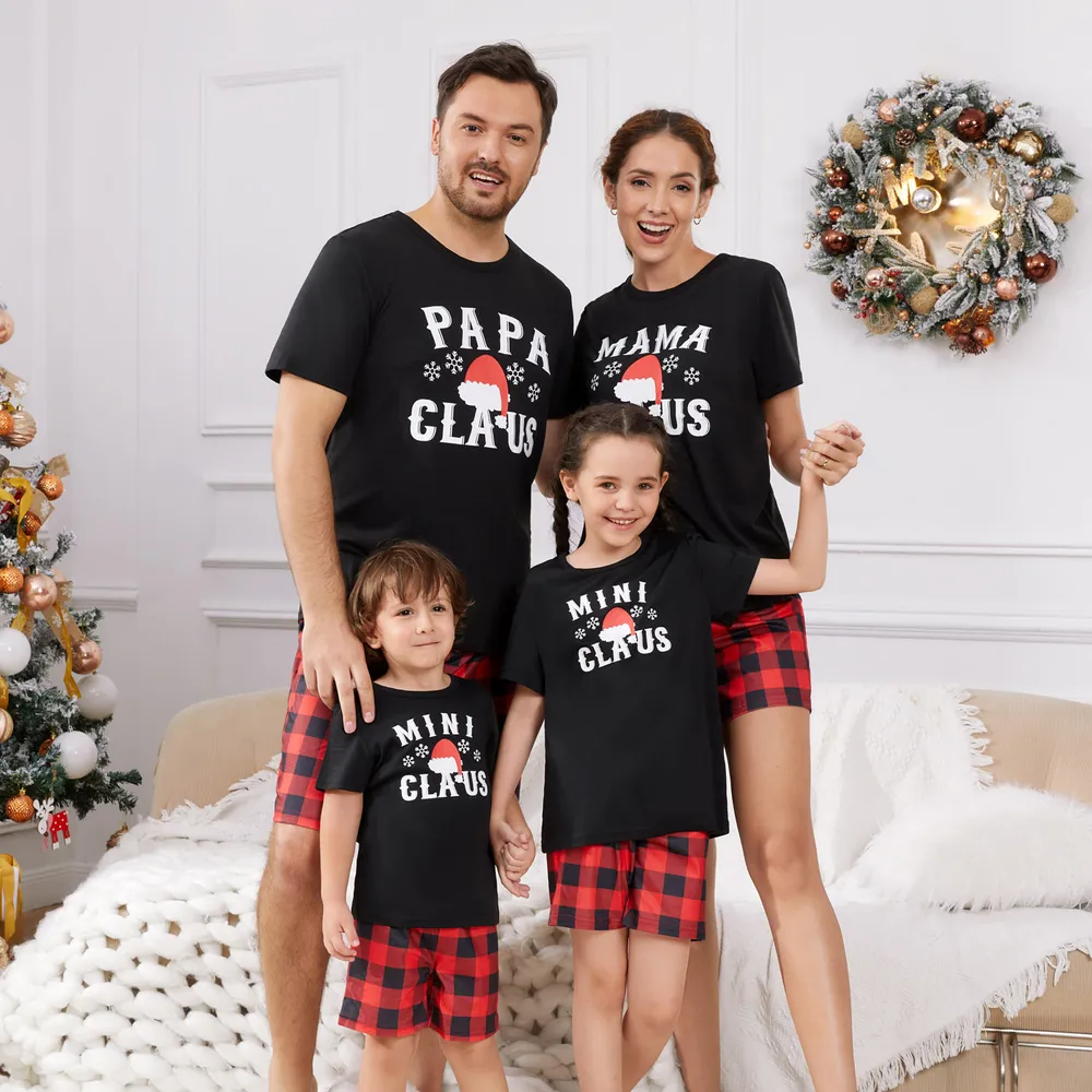 Christmas Hat and Letter Print Black Family Matching Short-sleeve Plaid Pajamas Sets (Flame Resistant)  big image 2