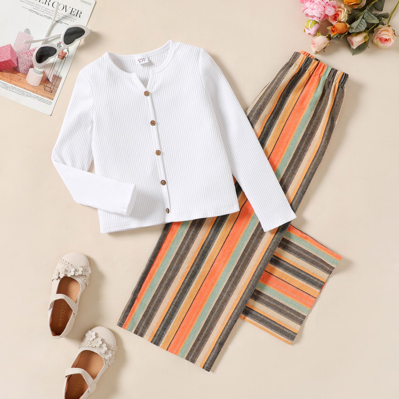 2pcs Kid Girl Button Design Ribbed Tee And Stripe Elasticized Pants Set