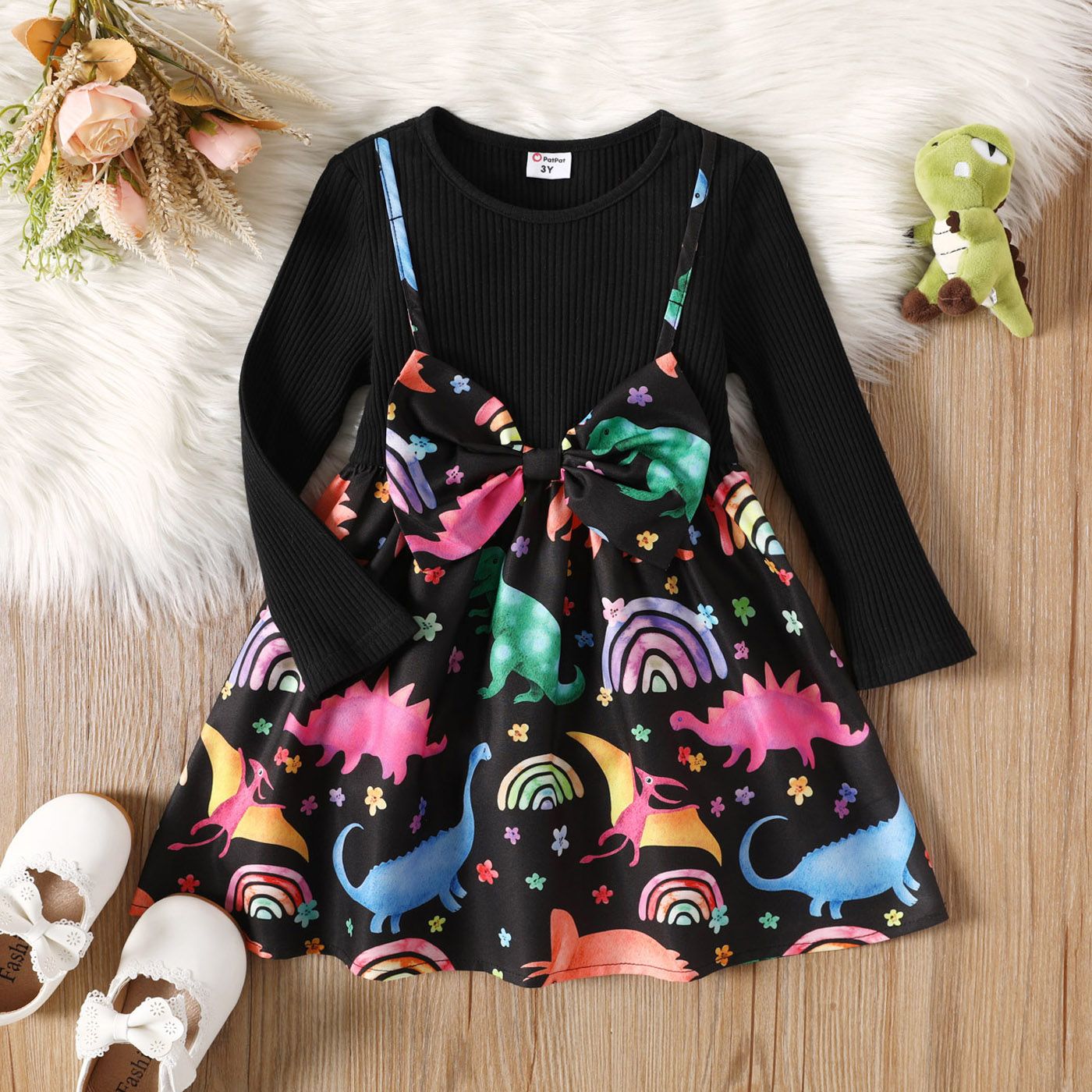 

Toddler Girl Faux-two Dinosaur Print Bowknot Design Long-sleeve Dress