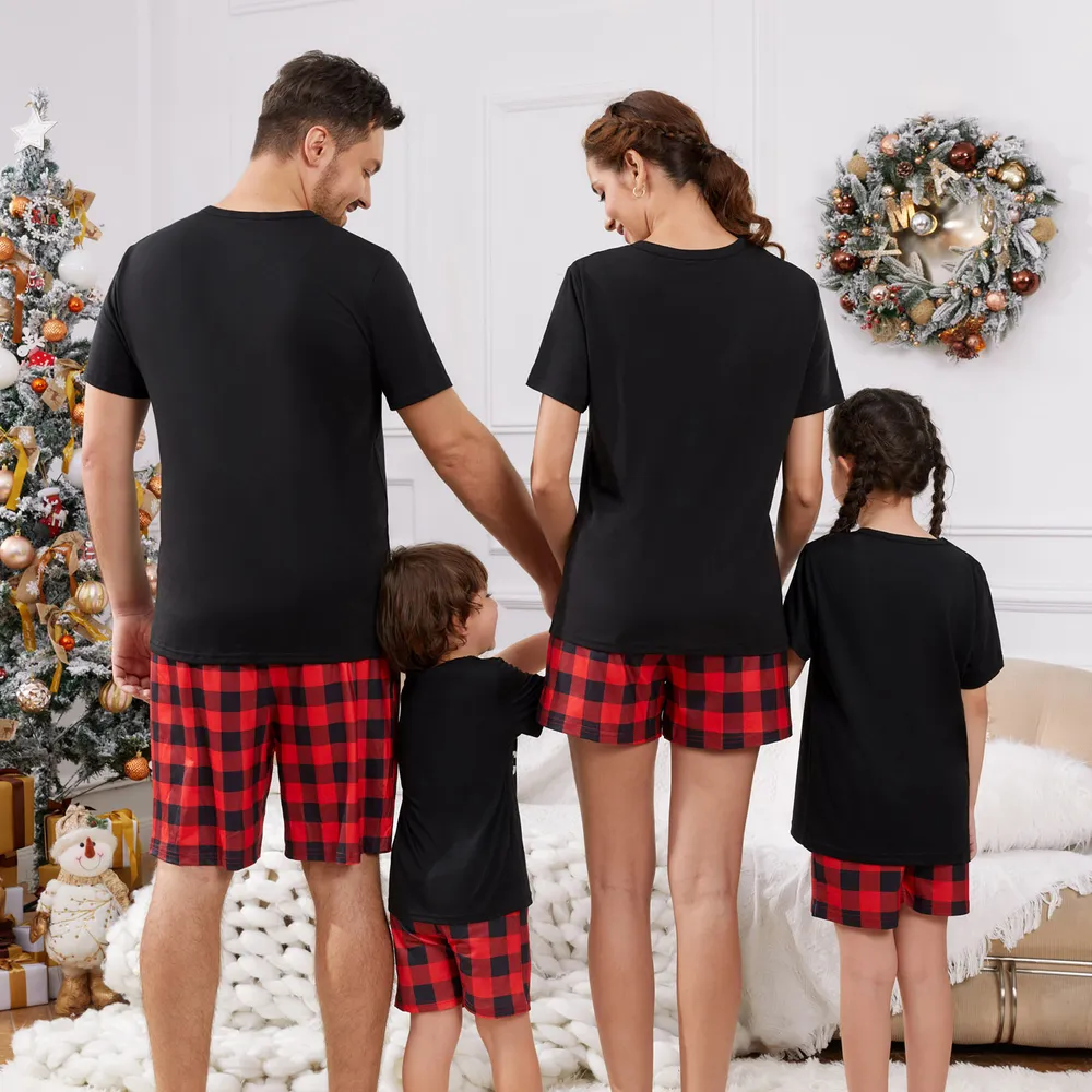 Christmas Hat and Letter Print Black Family Matching Short-sleeve Plaid Pajamas Sets (Flame Resistant) big image 3