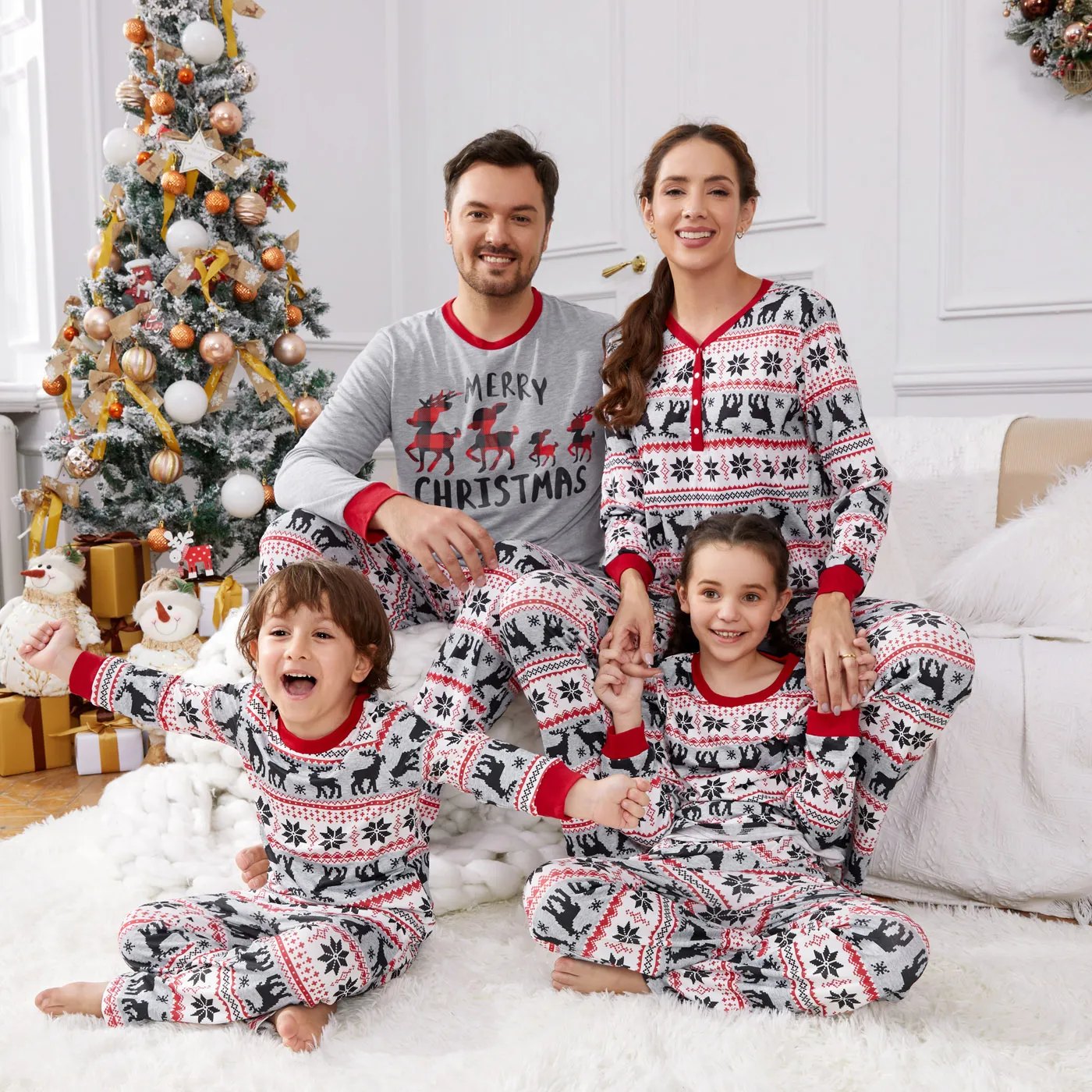 

Christmas Family Matching Allover Deer & Snowflake Print Long-sleeve Pajamas Sets (Flame Resistant)