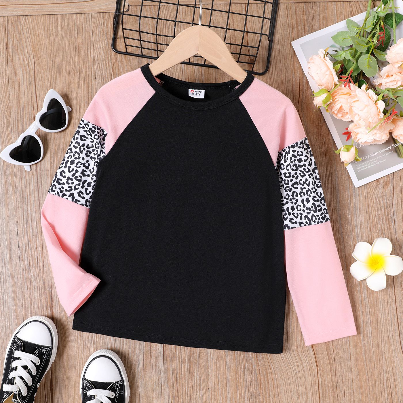 

Kid Girl Leopard Print Colorblock Long Raglan Sleeve Tee