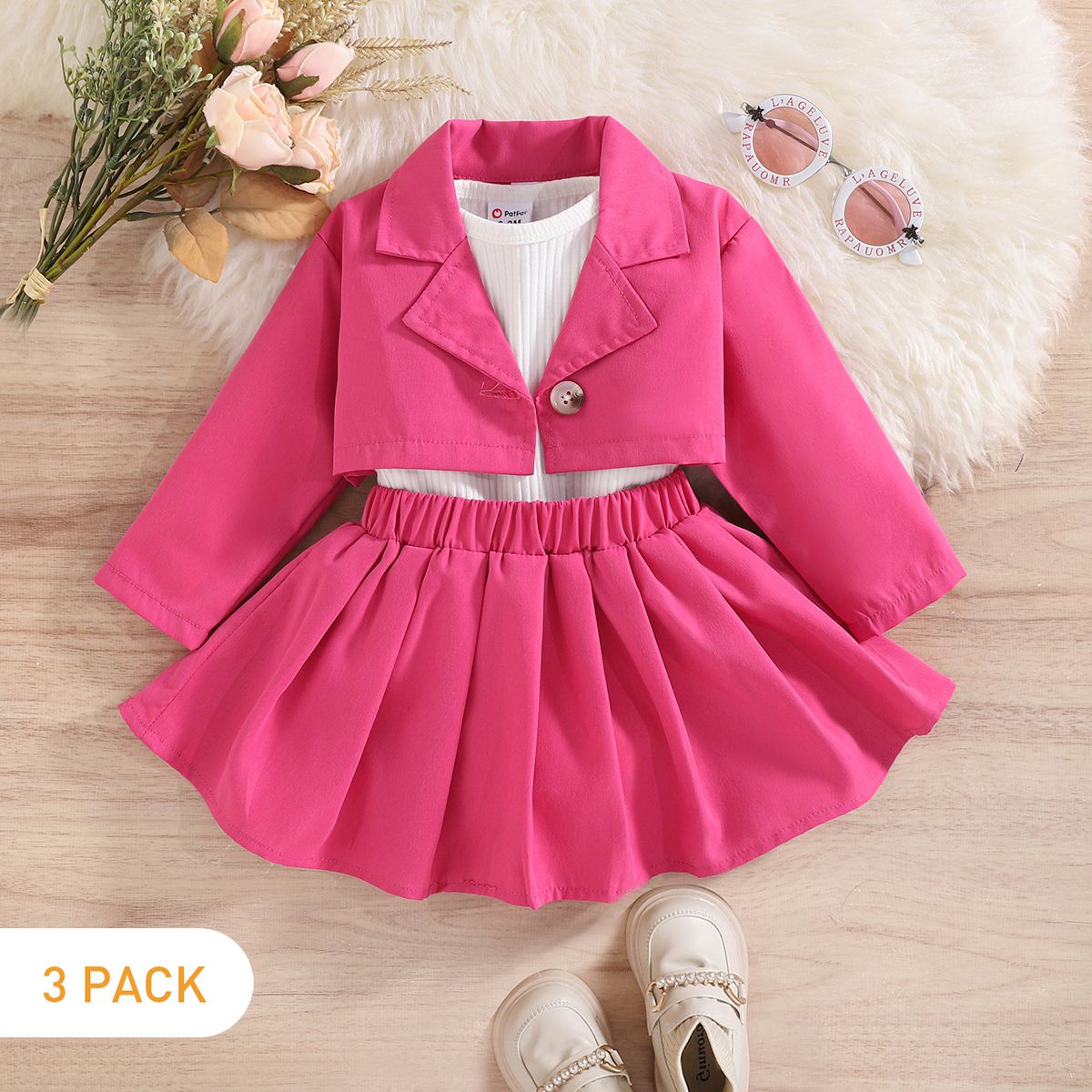 

3pcs Baby Girl Long-sleeve Ribbed Romper and Hot Pink Crop Jacket & Pleated Skirt Set