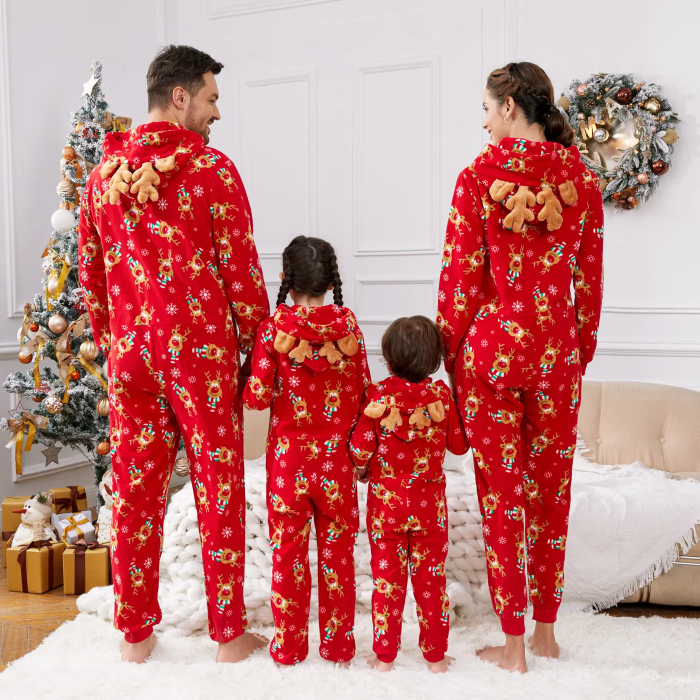 Christmas Family Matching Allover Deer Print 3D Antler Hooded Long-sleeve Red Thickened Polar Fleece Onesies Pajamas (Flame Resistant)  image 4