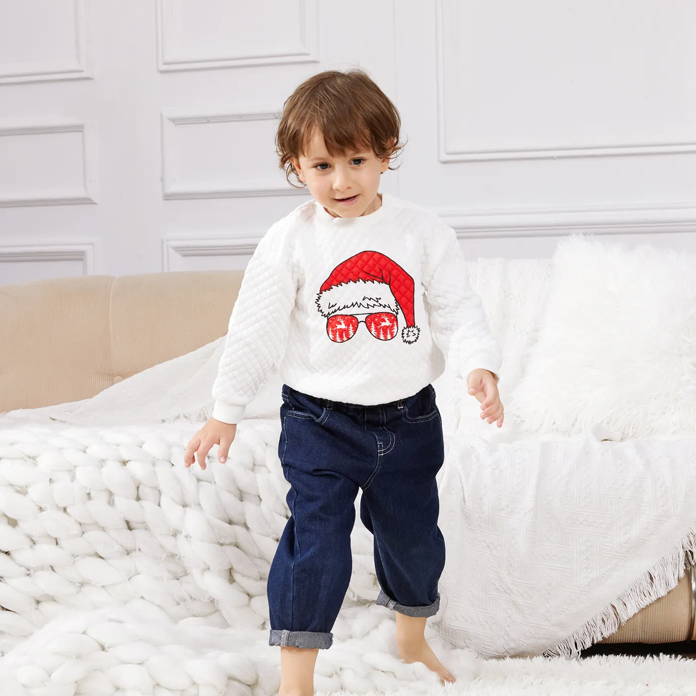 Christmas Graphic Print White Family Matching Long-sleeve Textured Sweatshirts White big image 1